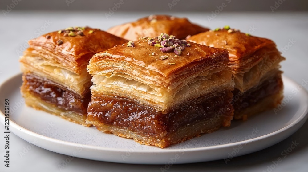 Delicious Layers of Baklava with Pistachios and Honey Drizzle on a White Plate Delicious Layers of Baklava with Pistachios and Honey Drizzle on a White Plate