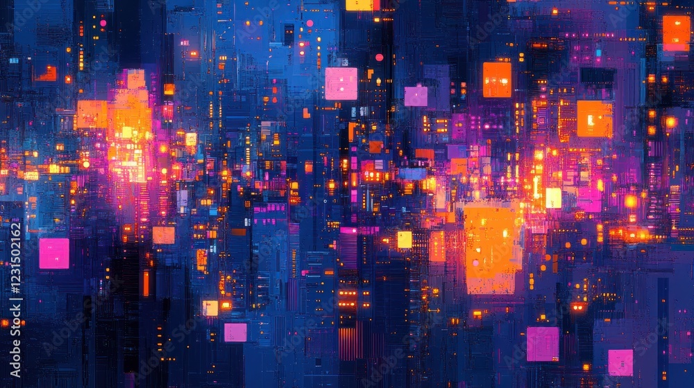 Abstract digital city with orange and pink glowing squares on a blue background for tech design