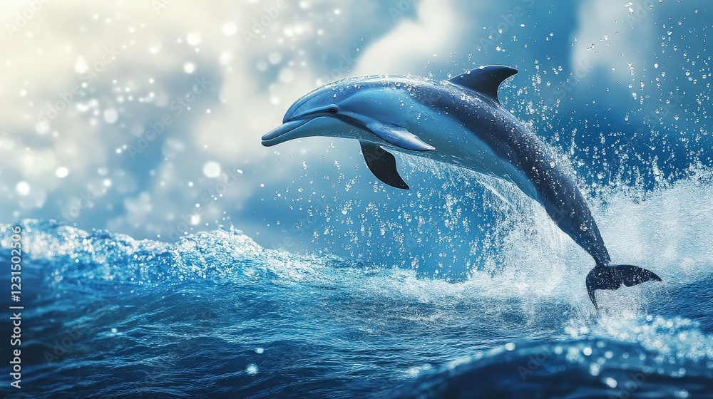 Obraz premium Dolphin's Leap of Joy: A playful dolphin leaps gracefully from the ocean waves, its sleek body glistening in the sunlight.