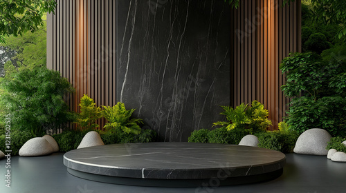 Modern circular podium with natural elements and earthy aesthetics photo