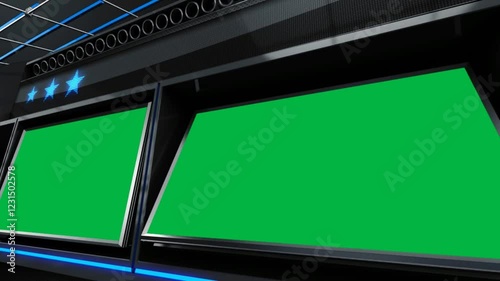 Sports News broadcast set with video green screen, professional broadcast Gallery background highlighting on digital LCD board