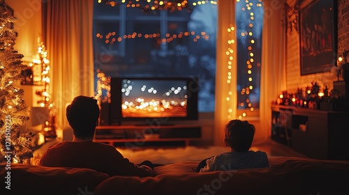 Family watching the New Year Eve countdown on TV, cozy living room with holiday lights  