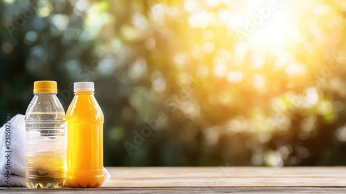 sports drinks hydration Sports drink bottle placed next to a water bottle and a towel, essential hydration gear for athletes, post workout recovery and rehydration
