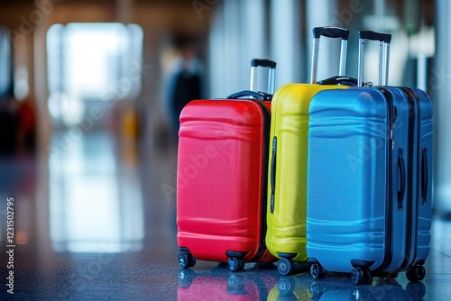 Colorful suitcases airport terminal travel waiting photo