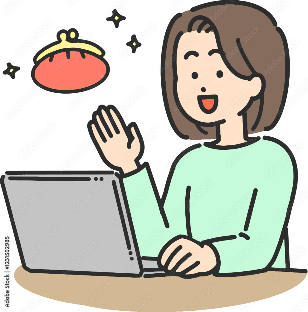 お金について案内するパソコンを操作する若い女性のイラスト
お金について案内するパソコンを操作する若い女性のイラスト