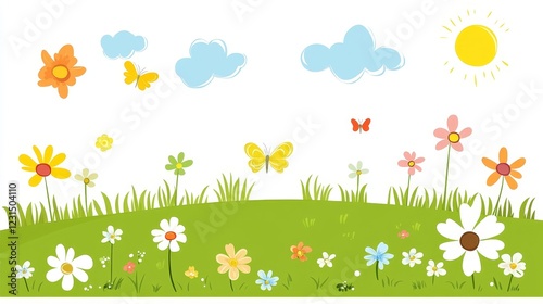 A cheerful springtime meadow scene with flowers, butterflies, and sun