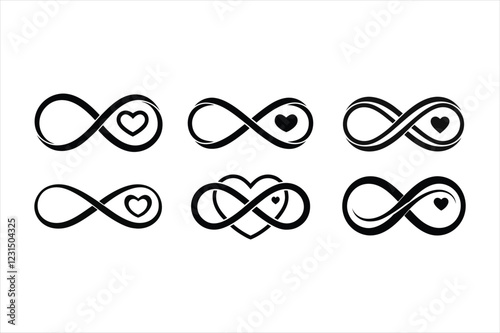 Infinity Heart Silhouette Icon Bundle Vector Illustration Isolated On White Background, Infinity Heart Silhouette Icon Bundle