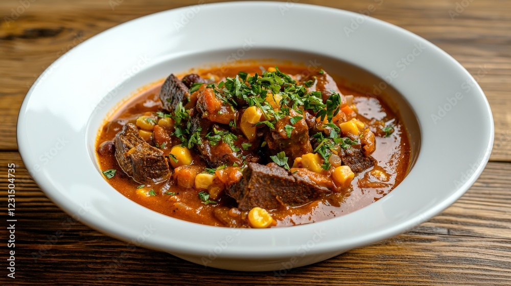 Rich and Hearty Beef Stew with Vegetables and Fresh Parsley Garnish in White Bowl on Wooden Table Rich and Hearty Beef Stew with Vegetables and Fresh Parsley Garnish in White Bowl on Wooden Table
