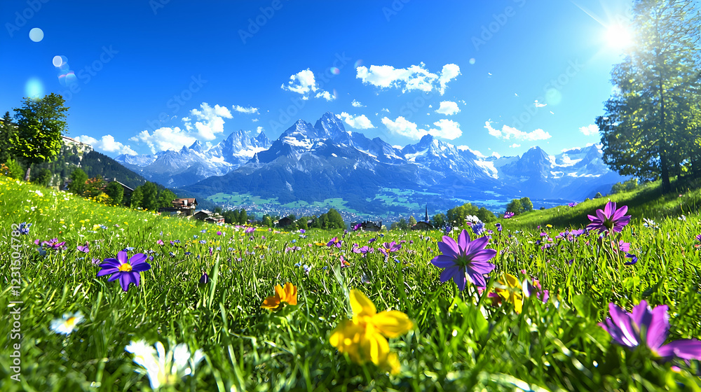 Sunny Alpine meadow wildflowers, mountain backdrop, idyllic scenery, travel postcard Sunny Alpine meadow wildflowers, mountain backdrop, idyllic scenery, travel postcard