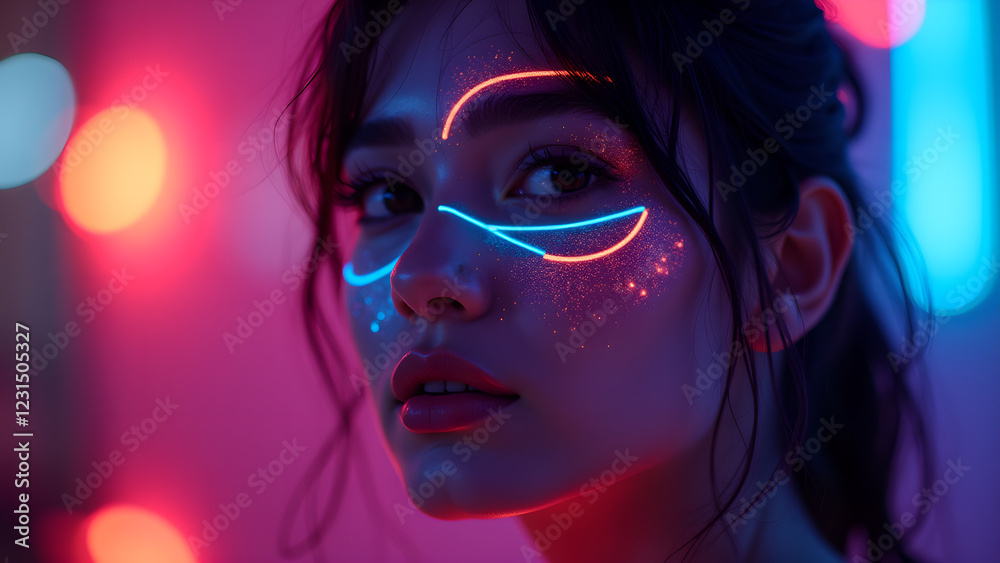 Woman with Glowing Makeup in Neon Lights Portrait Woman with Glowing Makeup in Neon Lights Portrait