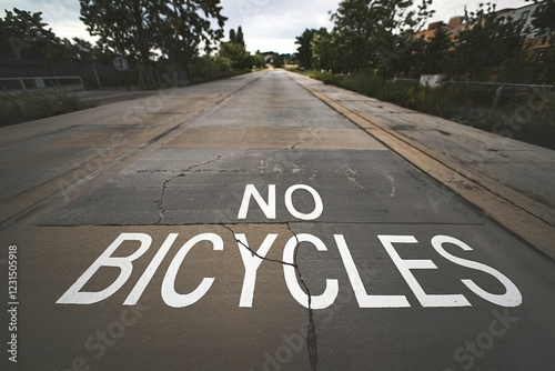 a No Bicycles warning sign painted on a road