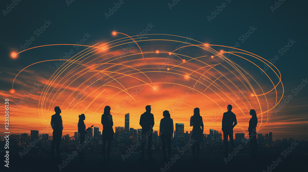 Fototapeta premium Abstract business team stands on the peak of success amid tall, innovative Smart city and graphs with statistics to analyze business potential and predict future developments in company growth.