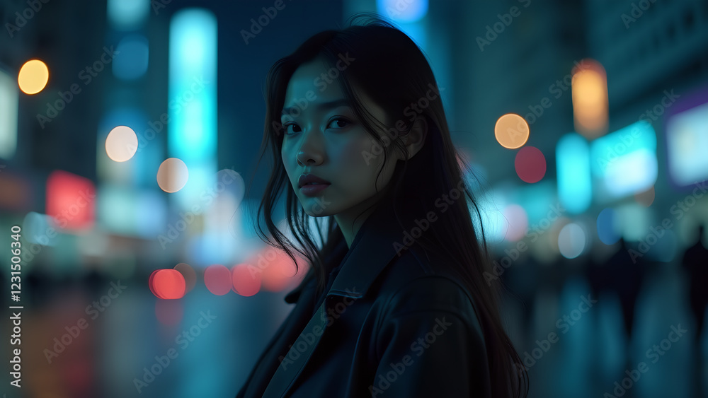 Woman poses with a blurred city background at night Woman poses with a blurred city background at night