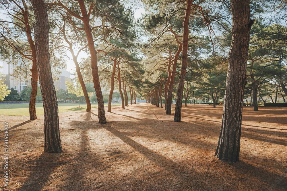 A serene scene of a pine tree park with a forest of tall pine trees. A serene scene of a pine tree park with a forest of tall pine trees.