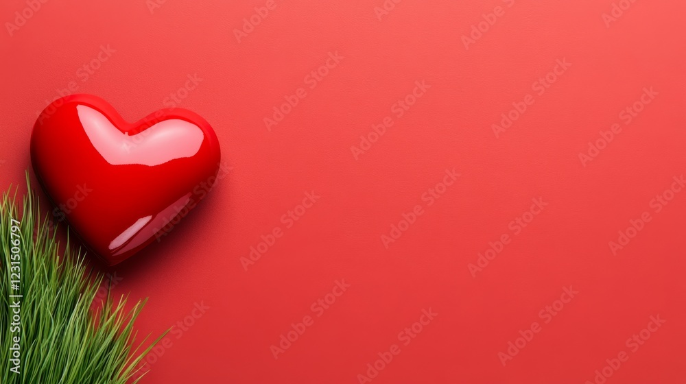 Red heart is on a red background. The heart is surrounded by green grass. Concept of love and warmth Red heart is on a red background. The heart is surrounded by green grass. Concept of love and warmth