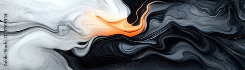 Dynamic swirls, a black and white abstract painting with orange white accents