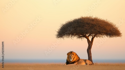 lion Majestic Savanna Lion resting under a lone acacia tree, vast savanna landscape, peaceful atmosphere photo