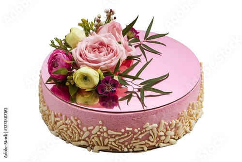 mousse cake with a mirror glaze, decorated with fresh flowers