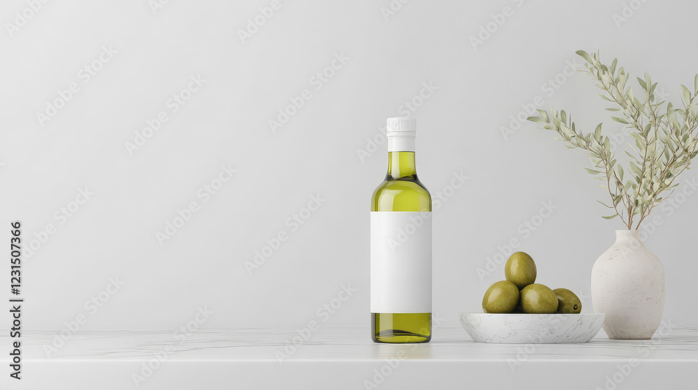 Bottle of olive oil with blank label next to a bowl of olives and olive branch in a vase. Minimalist kitchen setting. Bottle of olive oil with blank label next to a bowl of olives and olive branch in a vase. Minimalist kitchen setting.
