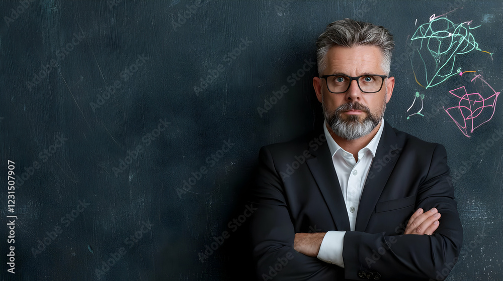 Serious businessman chalkboard background brainstorming Serious businessman chalkboard background brainstorming