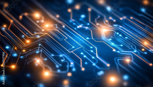 Wallpaper Mural Futuristic Circuitry Glowing Blue and Orange on Dark Background, Symmetrical High Detail Design Torontodigital.ca