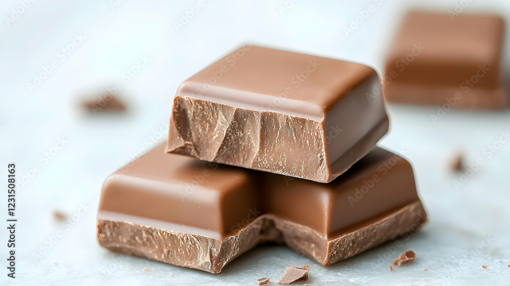 Milk chocolate squares, broken pieces, close-up, food photography Milk chocolate squares, broken pieces, close-up, food photography