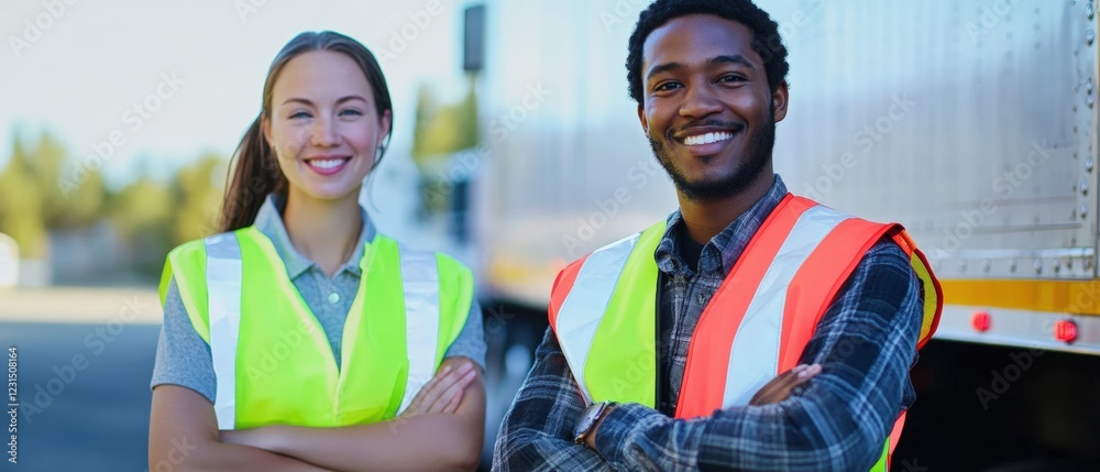Obraz premium Workers smiling together at a loading dock, wearing safety vests and preparing for transportation logistics, teamwork in freight and delivery services.