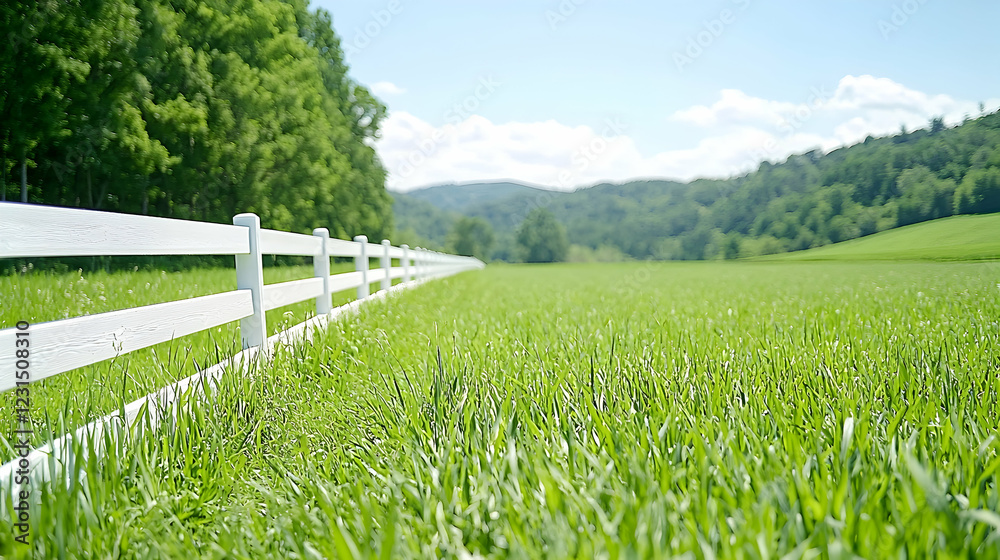 Obraz premium Green pasture, white fence, hills, sunny day; idyllic rural scene
