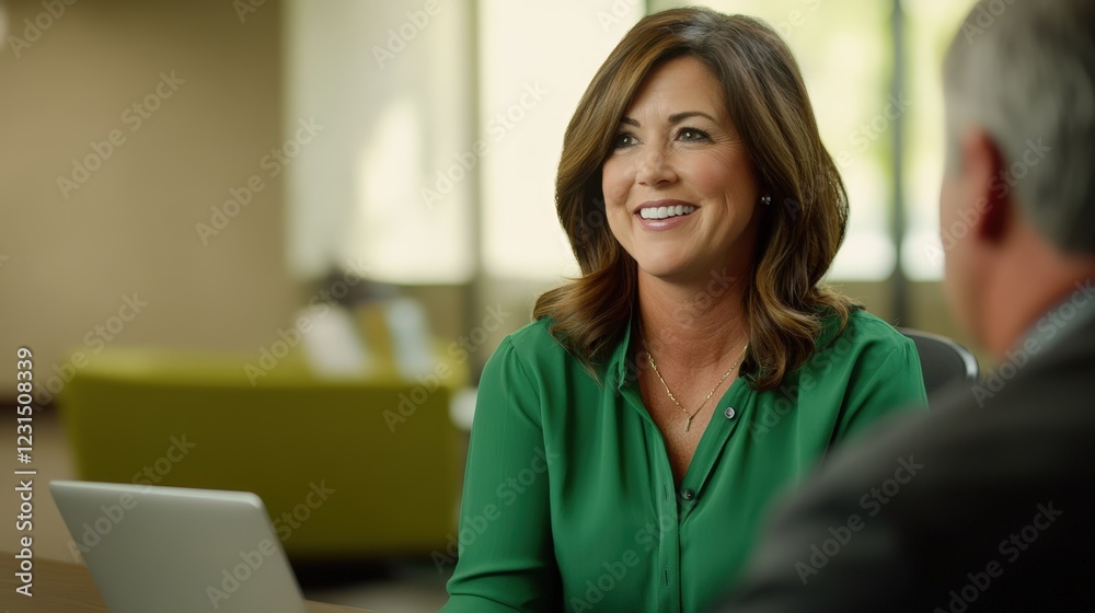 Business meeting with professional woman smiling while discussing plans with a colleague at modern office workspace. Focus on teamwork and collaboration for success. Business meeting with professional woman smiling while discussing plans with a colleague at modern office workspace. Focus on teamwork and collaboration for success.