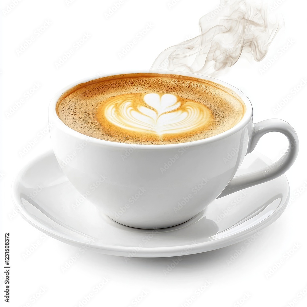 Steaming latte art in white cup, cafe setting, breakfast beverage Steaming latte art in white cup, cafe setting, breakfast beverage
