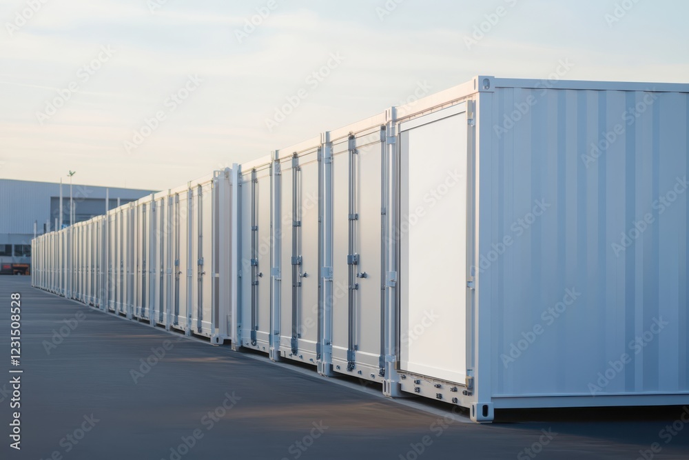 Fototapeta premium Shipping containers at busy port with blank branding space for logistics