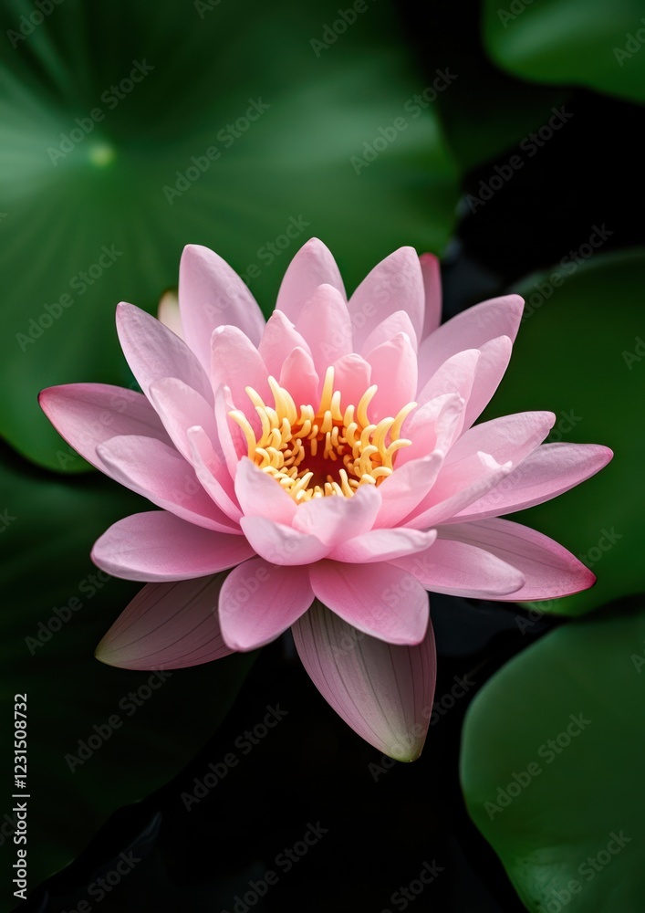 A stunning pink lotus flower blooms atop dark green lily pads, showcasing delicate petals and vibrant yellow stamens. A stunning pink lotus flower blooms atop dark green lily pads, showcasing delicate petals and vibrant yellow stamens.