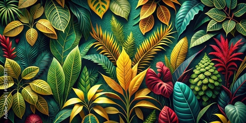 Wallpaper Mural Vibrant Tropical Foliage Composition Featuring Lush Green, Yellow, and Red Leaves and Plants Torontodigital.ca
