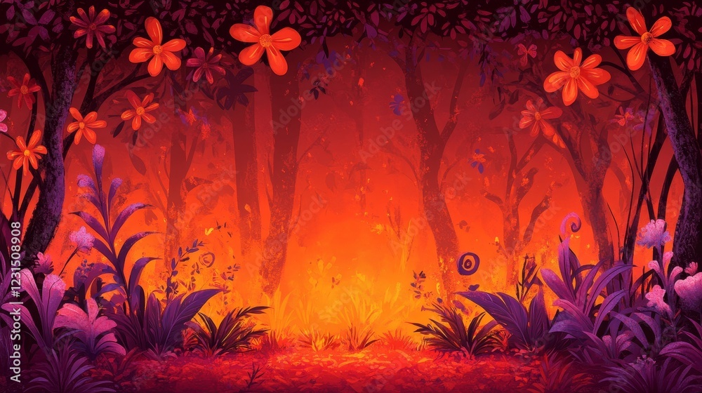 Fiery Forest Enigmatic Night Bloom in an Inferno-Lit Jungle Fiery Forest Enigmatic Night Bloom in an Inferno-Lit Jungle