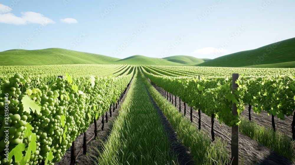 Naklejka premium Vast Vineyard Landscape Under Bright Sunlight