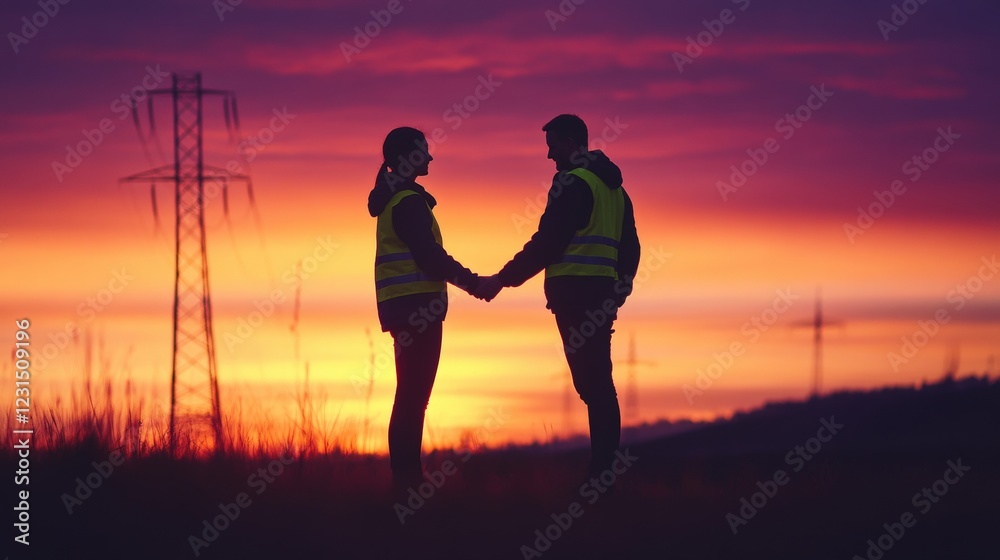 Couple in safety vests holding hands at sunset near power lines, symbolizing love and teamwork in construction or utility industries, partnership and connection. Couple in safety vests holding hands at sunset near power lines, symbolizing love and teamwork in construction or utility industries, partnership and connection.
