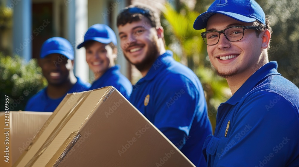 Delivery team with boxes smiling outdoors, showcasing teamwork, logistics and customer service in moving industry. Professional movers supporting relocation services.