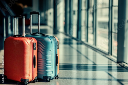 Airport luggage, waiting, travel, hallway, sunlight, departure, vacation, transportation photo