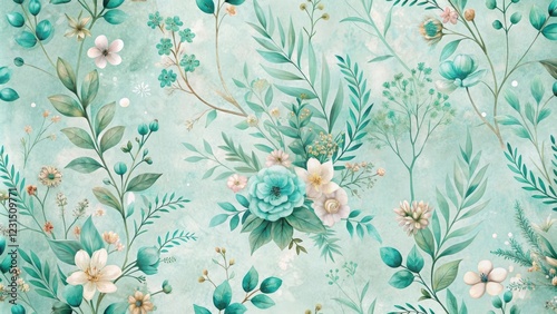Fototapeta Naklejka Na Ścianę i Meble -  Seamless Teal Floral Pattern Design Featuring Delicate Blooms and Lush Greenery