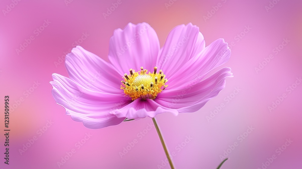 A delicate pink flower blooms against a soft, blurred background, showcasing its vibrant petals and golden center. A delicate pink flower blooms against a soft, blurred background, showcasing its vibrant petals and golden center.