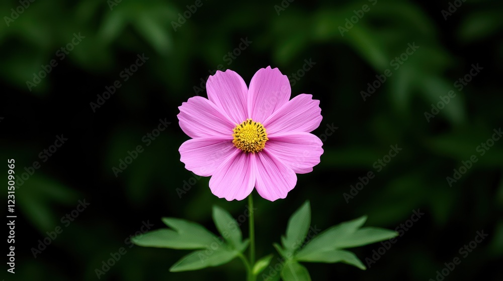 Obraz premium A vibrant pink flower with a yellow center, surrounded by green leaves, showcasing the beauty of nature in a lush setting.