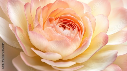 A close-up of a delicate pastel flower with layered petals, showcasing soft hues of pink and cream.