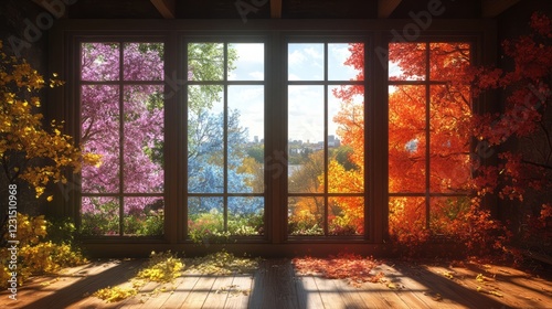 Inside a house, a window divided into four parts, with each section showing a different landscape representing one season