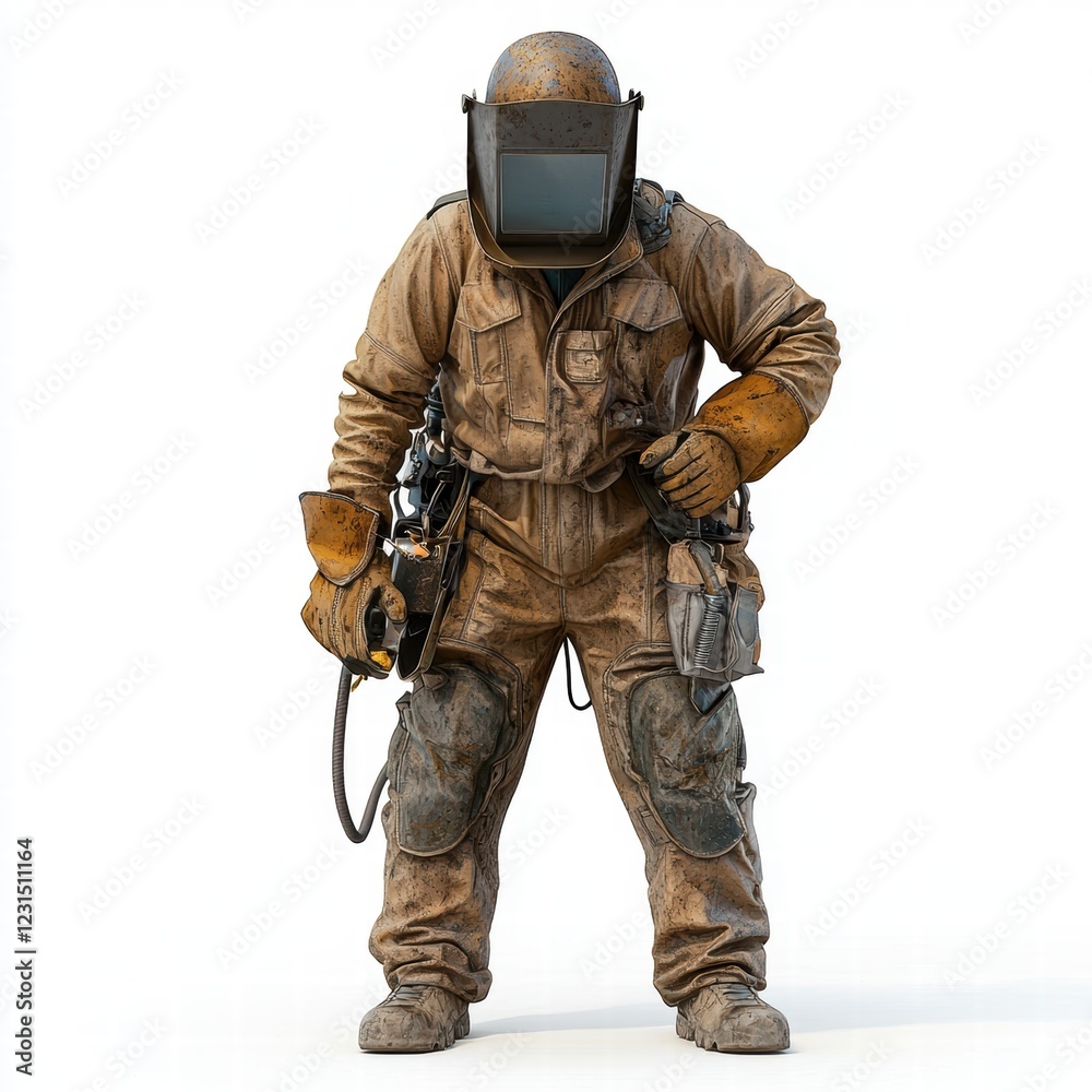 Worker in Protective Gear Holding Welding Equipment in Studio Setting Worker in Protective Gear Holding Welding Equipment in Studio Setting