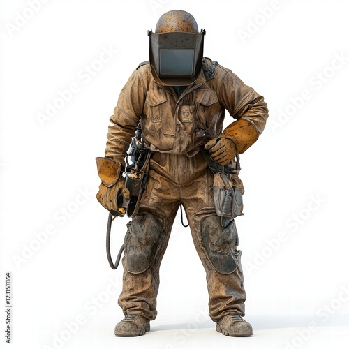 Worker in Protective Gear Holding Welding Equipment in Studio Setting