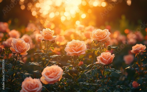 Peach roses blooming in a garden at sunset.
