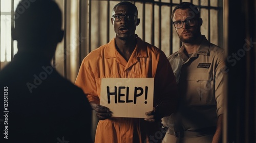 Prisoner holding HELP! sign with guards nearby illustrating themes of crisis, justice system, incarceration issues, and urgent pleas for assistance in a correctional facility. photo