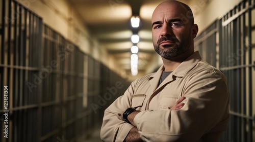 Prison warden standing confidently in a corridor with jail cells, representing authority, security, and law enforcement roles in the criminal justice system. photo