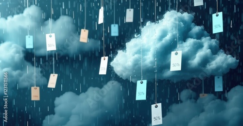 Dark clouds raining discount tags instead of raindrops, symbolizing price reductions, shopping sales, and consumer deals. Conceptual representation of economic shifts and spending