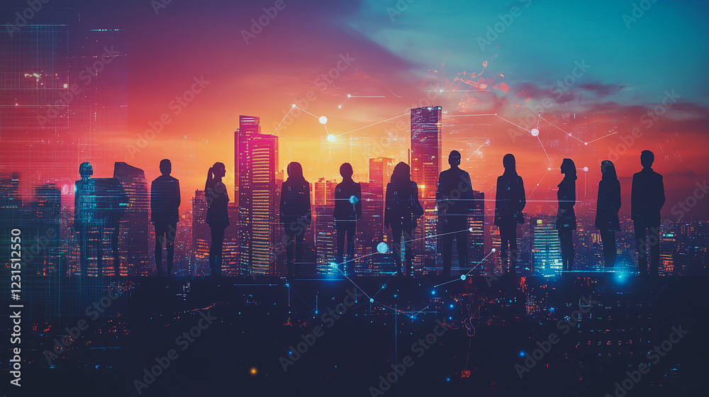 custom made wallpaper toronto digitalAbstract business team stands on the peak of success amid tall, innovative Smart city and graphs with statistics to analyze business potential and predict future developments in company growth.